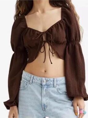 H&M Brown Tie-Front Puff Sleeve Crop Top